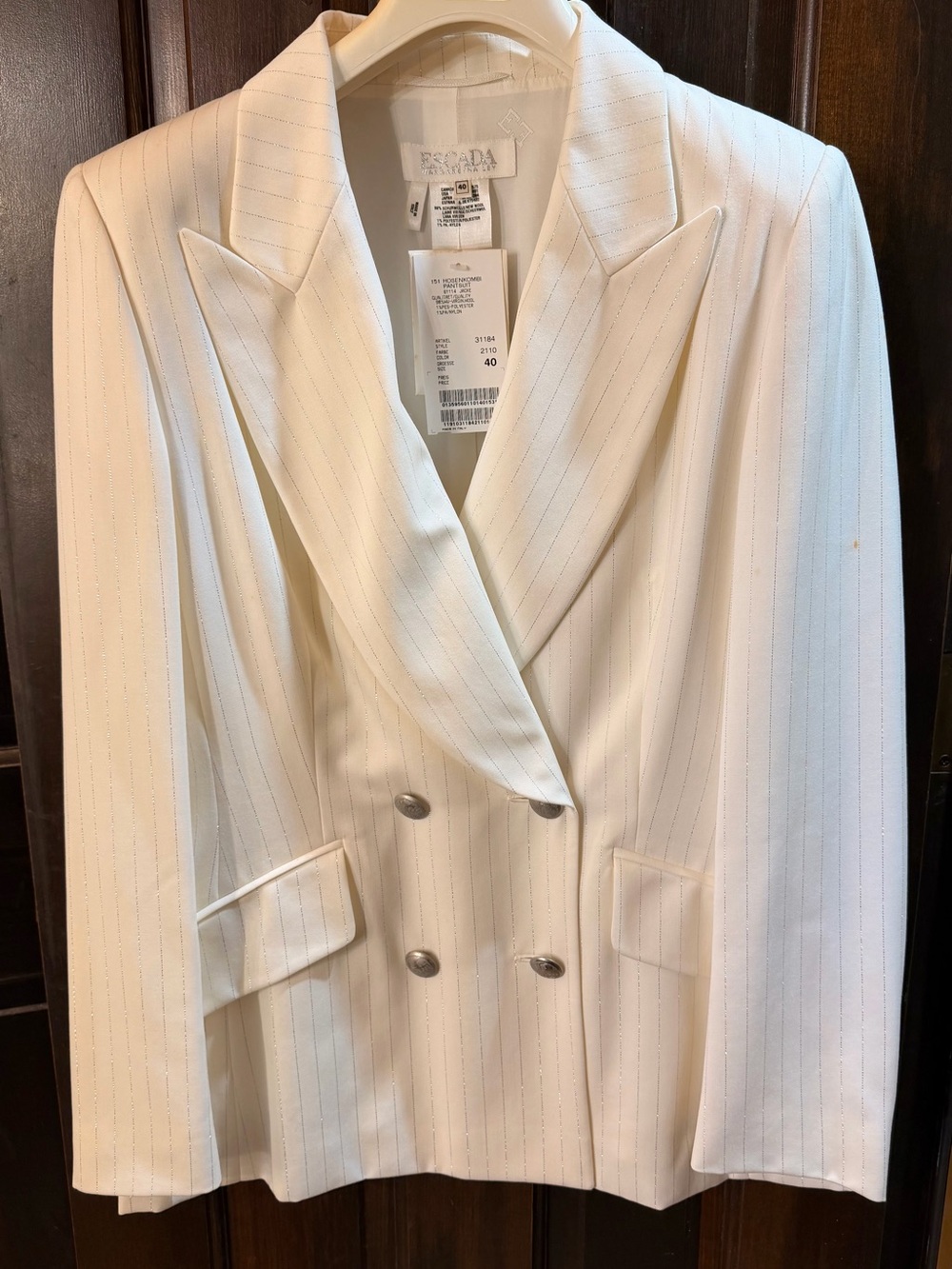 NWT Vintage Escada 3-Piece Metallic Silver Pinstripe Suit Set Bag